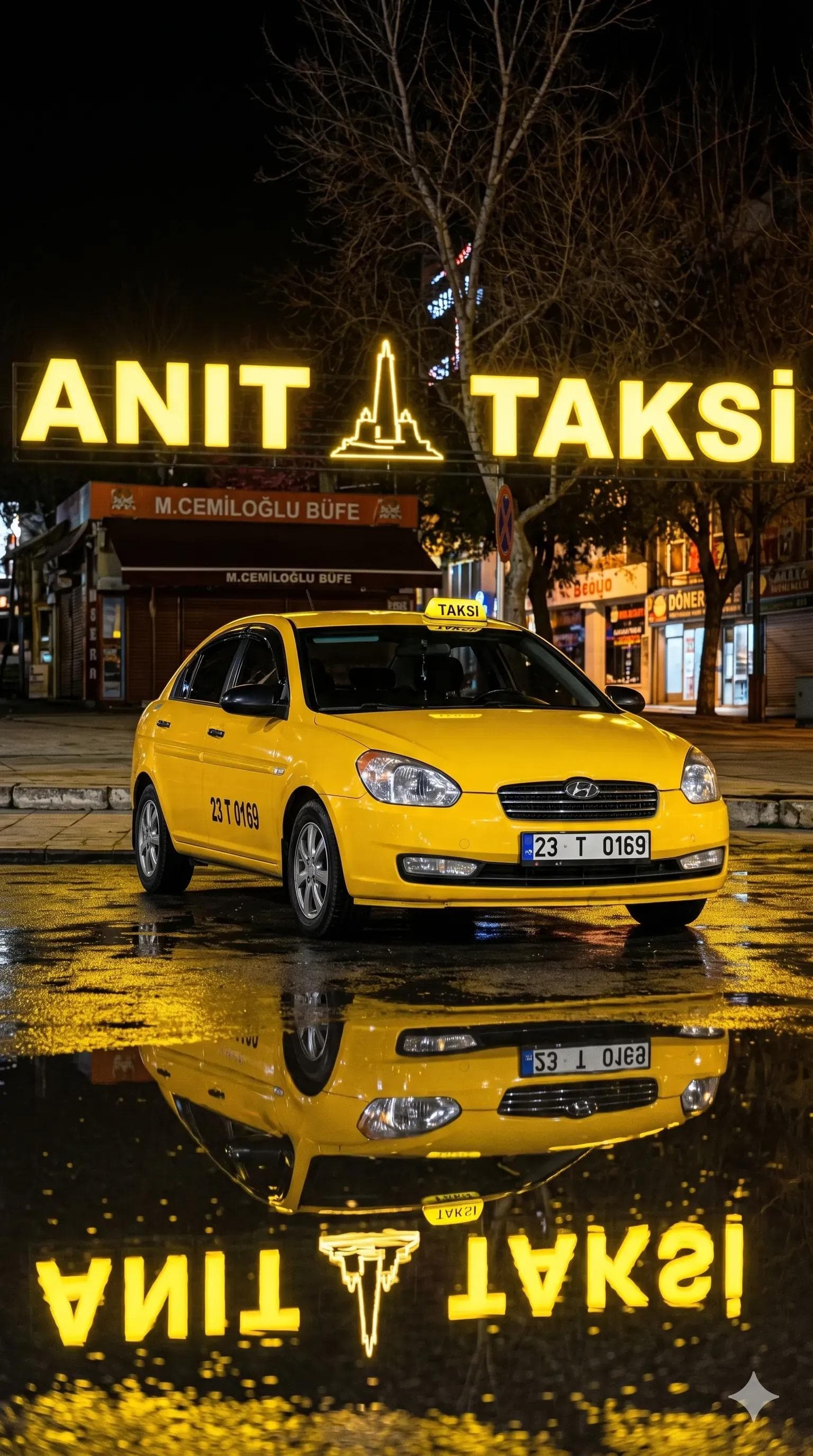 Gece durak önünde park halindeki Anıt Taksi filosu